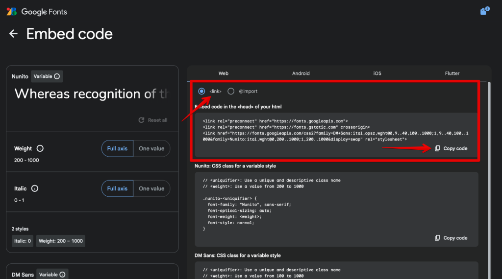 Embed Font Code via Link Option