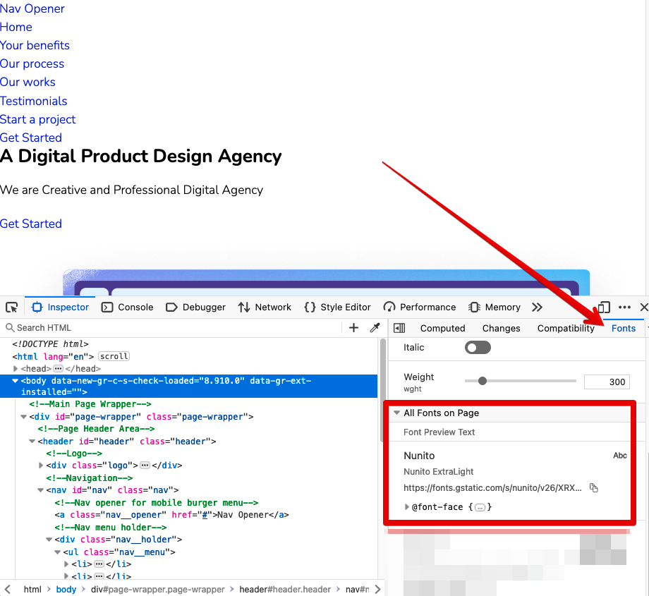 Check Fonts Tab in Developer Tools