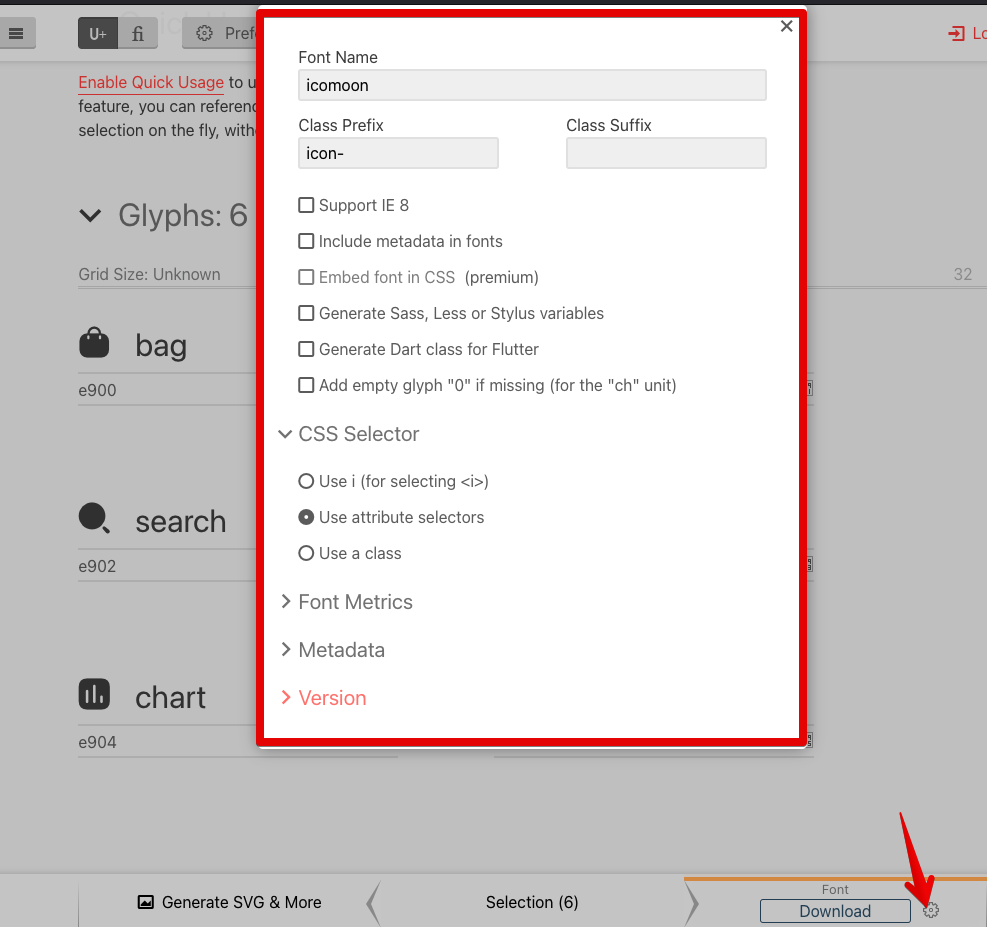 Download and settings icon in Icomoon