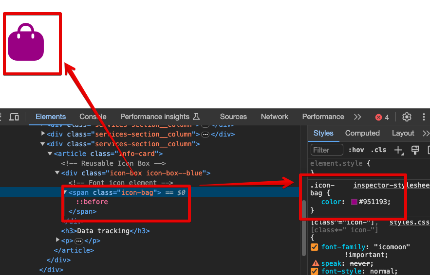 Apply CSS properties to the icon